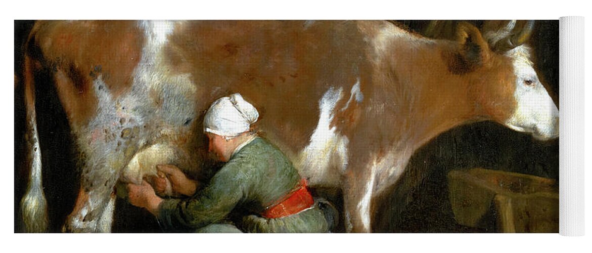 Gerard Ter Borch Yoga Mat featuring the painting A Maid Milking a Cow in a Barn by Audrey Jeanne Roberts