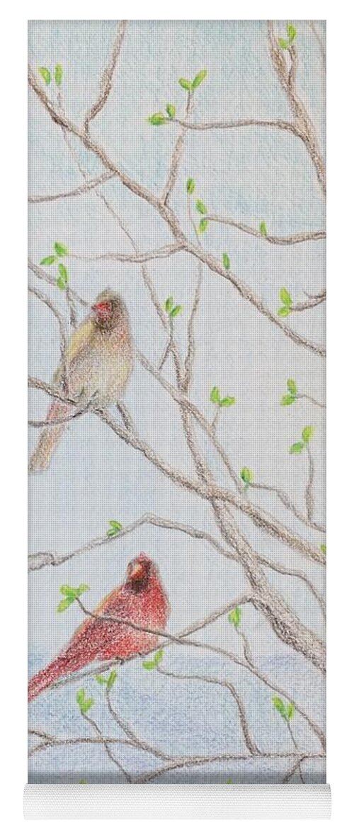 Framed Prints Yoga Mat featuring the drawing A pair of cardinals on magnolia tree by Milly Tseng