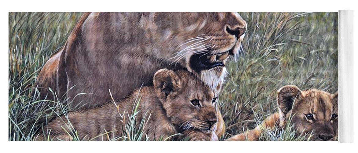 Paintings Yoga Mat featuring the painting A Quiet Moment Lioness and Lion Cubs by Alan M Hunt