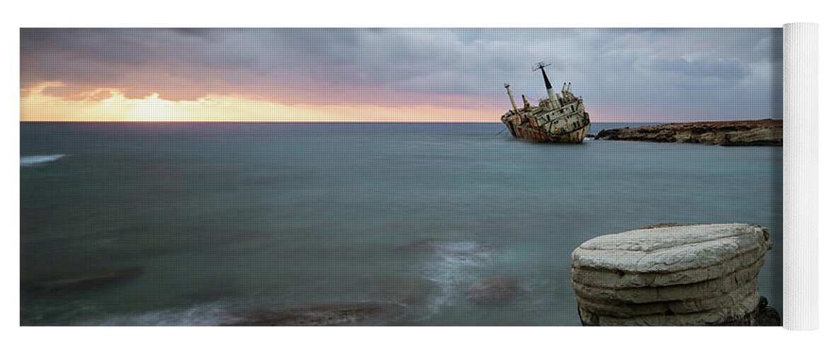 Seascape; Coastline; Sunset; Sundown Yoga Mat featuring the photograph Abandoned Ship EDRO III Cyprus by Michalakis Ppalis
