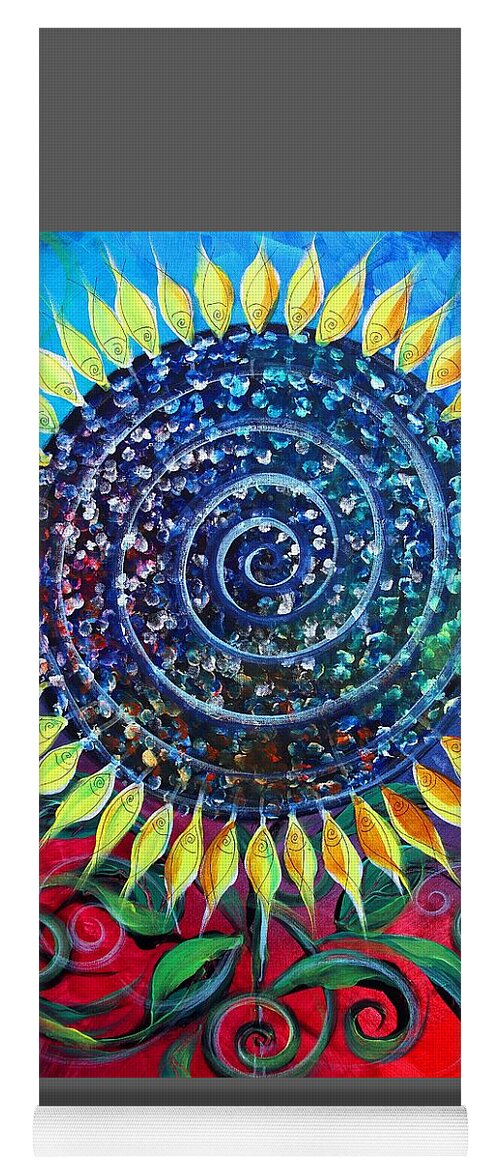 #fish #art #fishart #sunflower #blue #red #sun #flower #spiral #artfish #inspiration #scarpace #ipaintfish Yoga Mat featuring the painting Abstract FishFlower, 4 by J Vincent Scarpace