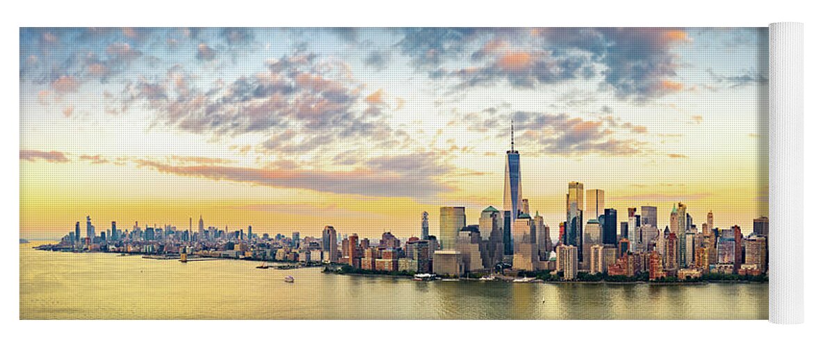 Manhattan Yoga Mat featuring the photograph Aerial panorama of New York City skyline at sunset by Mihai Andritoiu