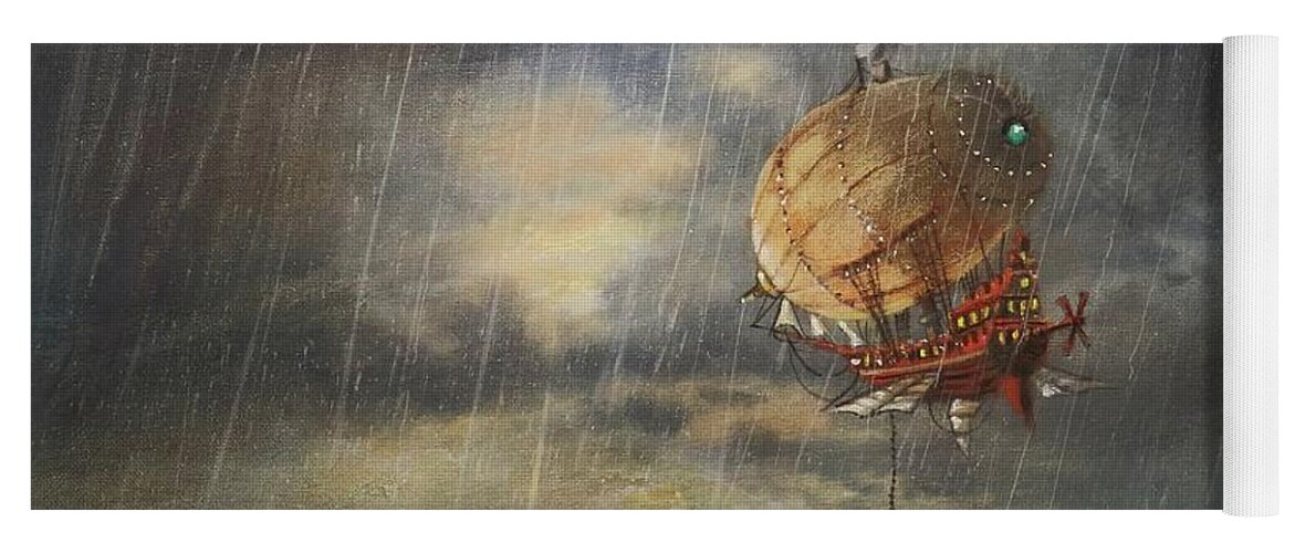 Steampunk Airship Yoga Mat featuring the painting Airship In The Rain by Tom Shropshire