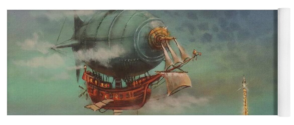 Steampunk Airship Yoga Mat featuring the painting Airship Over Paris by Tom Shropshire
