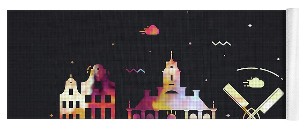 Amsterdam Yoga Mat featuring the mixed media Amsterdam Netherlands City Skyline Whimsical Fun Wide Dark by Design Turnpike