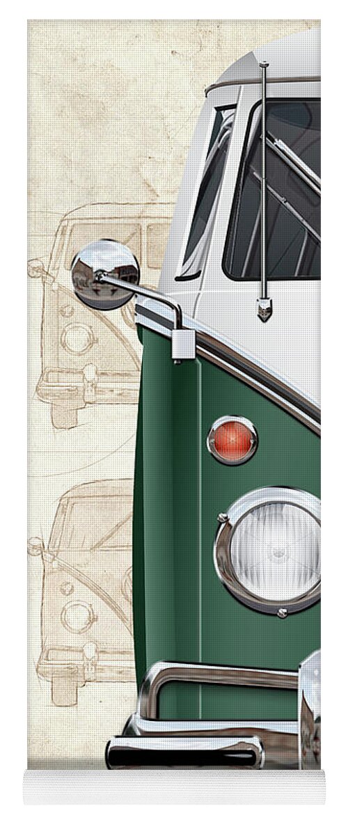 ‘volkswagen Type 2’ Collection By Serge Averbukh Yoga Mat featuring the digital art Volkswagen Type 2 - Green and White Volkswagen T1 Samba Bus over Vintage Sketch by Serge Averbukh