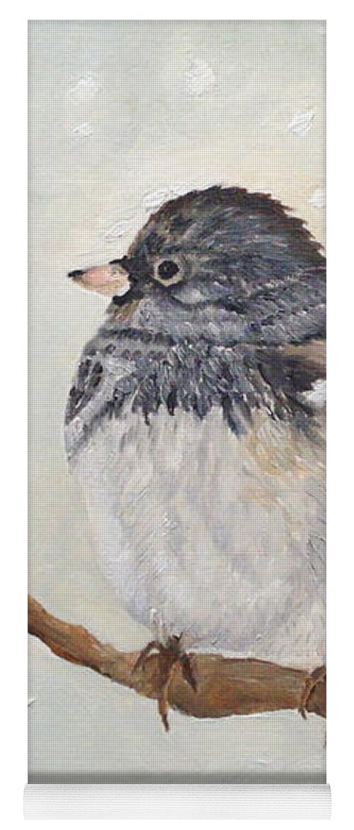 Junco Yoga Mat featuring the painting Snowbird In The Blizzard by Angeles M Pomata