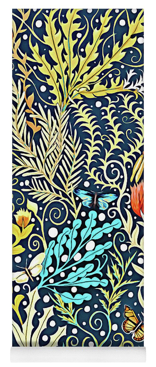 Lise Winne Yoga Mat featuring the tapestry - textile Tapestry Design, with Butterflies, Autumn Colored Foliage on a Dark Blue Background by Lise Winne
