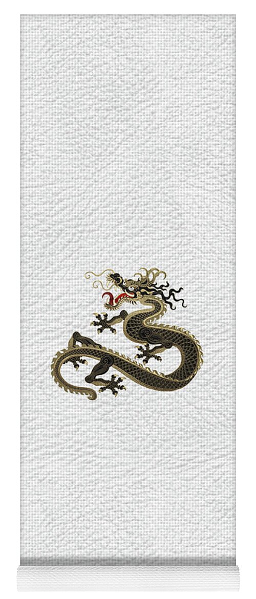 ‘the Great Dragon Spirits’ Collection By Serge Averbukh Yoga Mat featuring the digital art Black and Gold Sacred Eastern Dragon over White Leather by Serge Averbukh