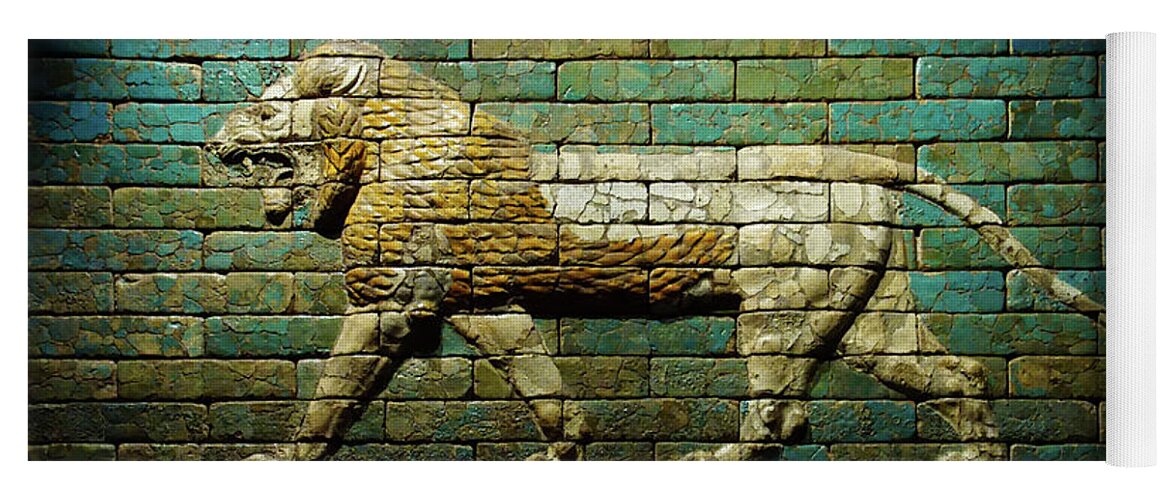 Babylonian Yoga Mat featuring the photograph Babylonian wall tiles of lion by Steve Estvanik