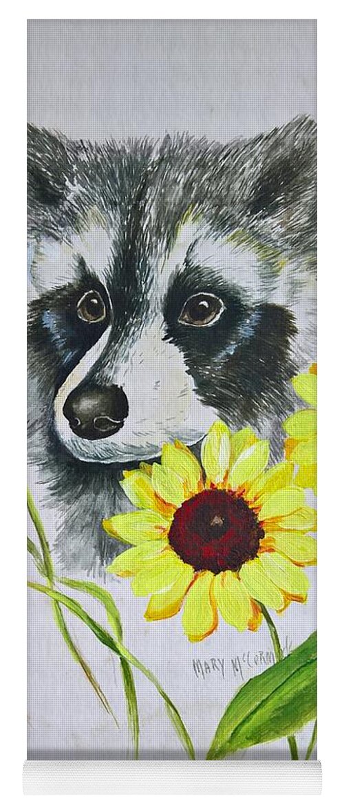 Raccoons Yoga Mat featuring the painting Bandit and the Sunflowers by ML McCormick