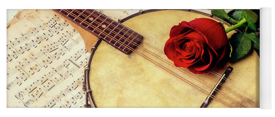 Mandolin Banjo Yoga Mat featuring the photograph Banjo And Red Rose by Garry Gay