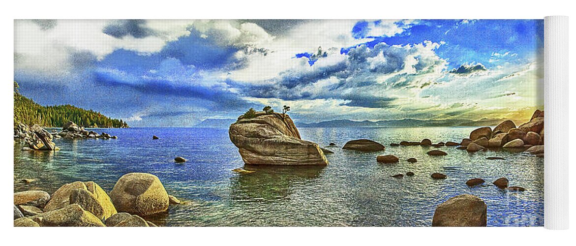 Lake Yoga Mat featuring the photograph BONSAI ROCK, LAKE TAHOE, Nevada, PANORAMA by Don Schimmel