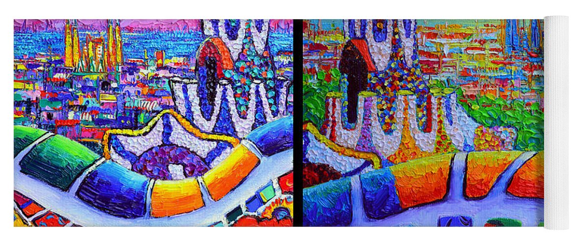 Barcelona Yoga Mat featuring the painting BARCELONA VIEW FROM PARK GUELL modern impressionist impasto abstract cityscapes Ana Maria Edulescu by Ana Maria Edulescu