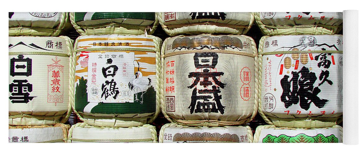 Sake Yoga Mat featuring the photograph Barrels of sake of Meiji Shrine by Delphimages Photo Creations