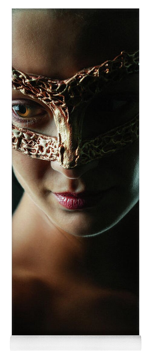 Art Yoga Mat featuring the photograph Beauty model woman wearing masquerade carnival mask by Dimitar Hristov