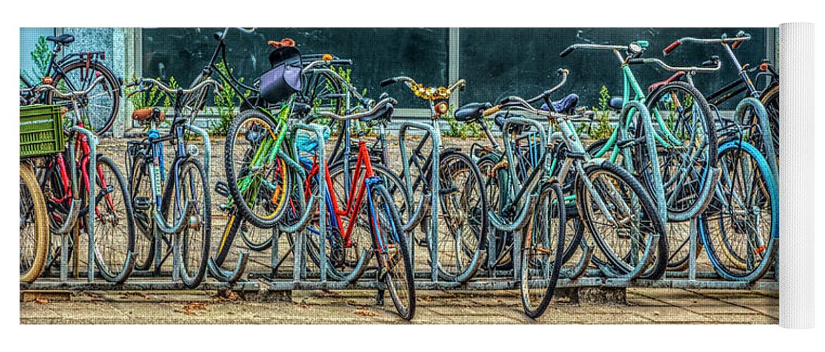Hdr Yoga Mat featuring the photograph Bicycles in Amsterdam by Debra and Dave Vanderlaan