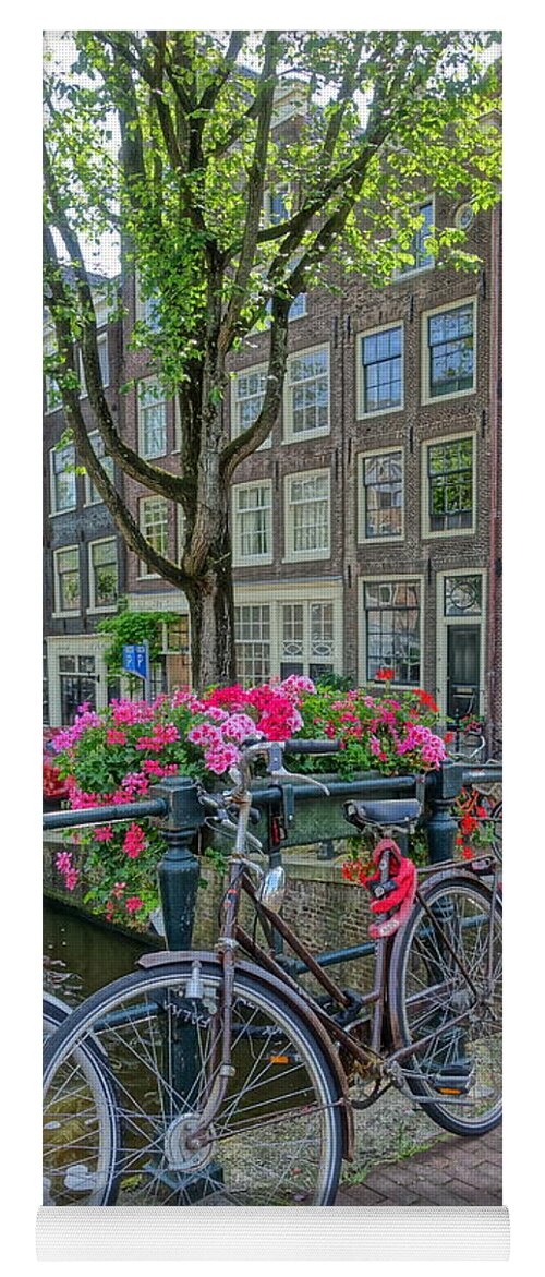 Bike Yoga Mat featuring the photograph Bikes, Flowers and Canal Homes by Patricia Caron
