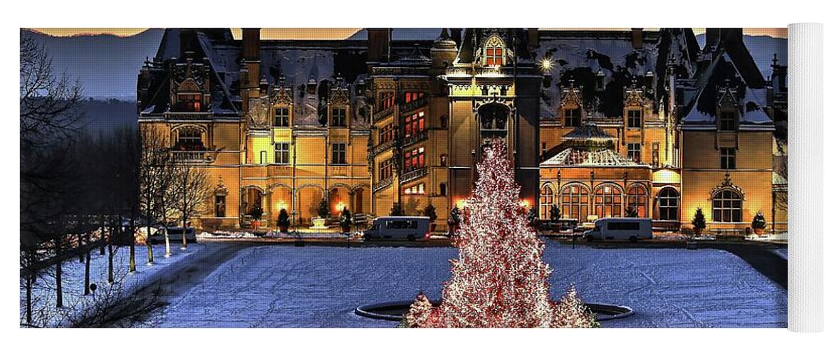Holidays At Biltmore House Yoga Mat featuring the photograph Biltmore Christmas Night All Covered In Snow by Carol Montoya