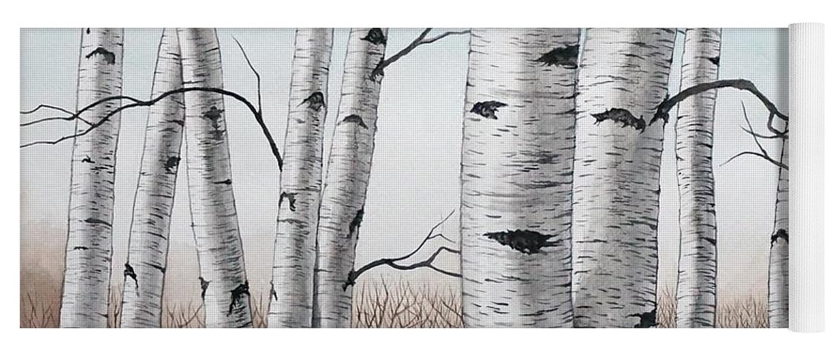 Birch Yoga Mat featuring the painting Birch Trees in Early Winter in Watercolor by Christopher Shellhammer