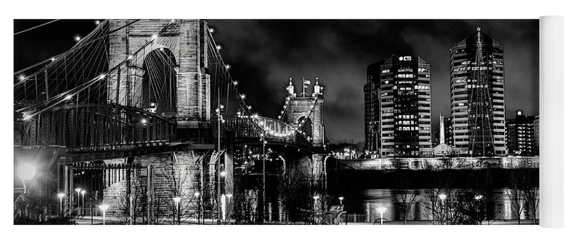 Cincinnati Yoga Mat featuring the photograph Black and White Roebling Bridge by Ed Taylor