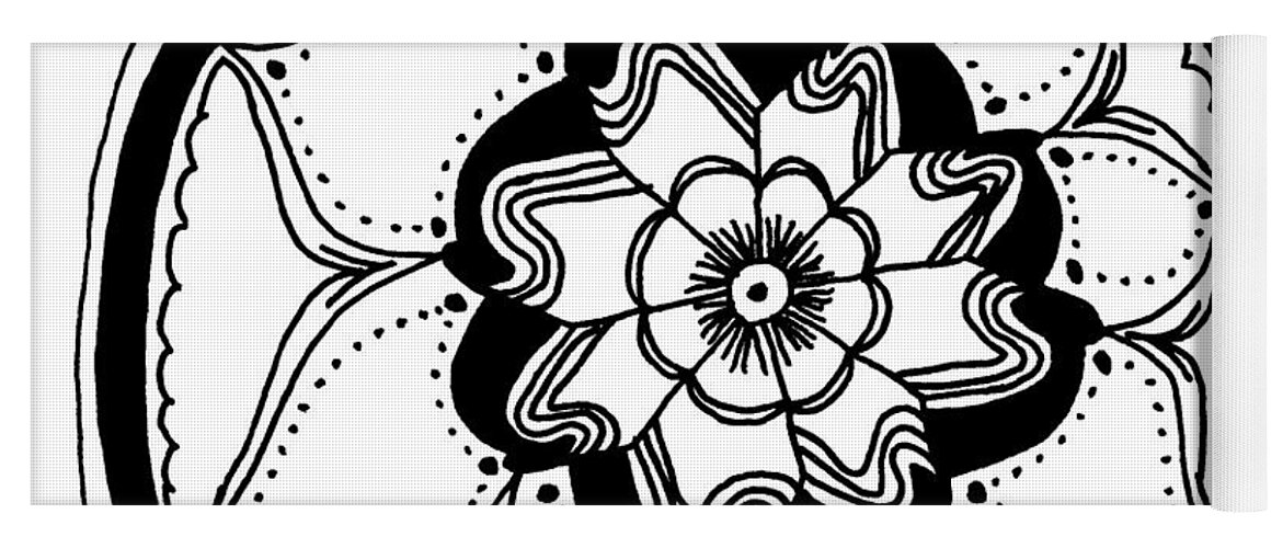 Ink Drawing Yoga Mat featuring the drawing Black Flower Mandala by Lisa Blake