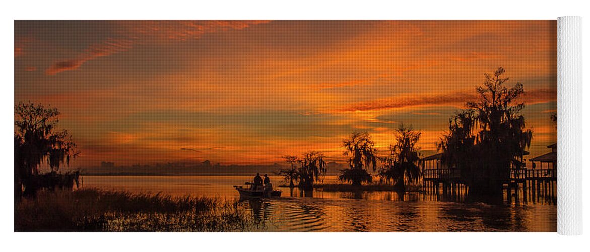 Sun Yoga Mat featuring the photograph Blue Cypress Sunrise with Boat by Tom Claud