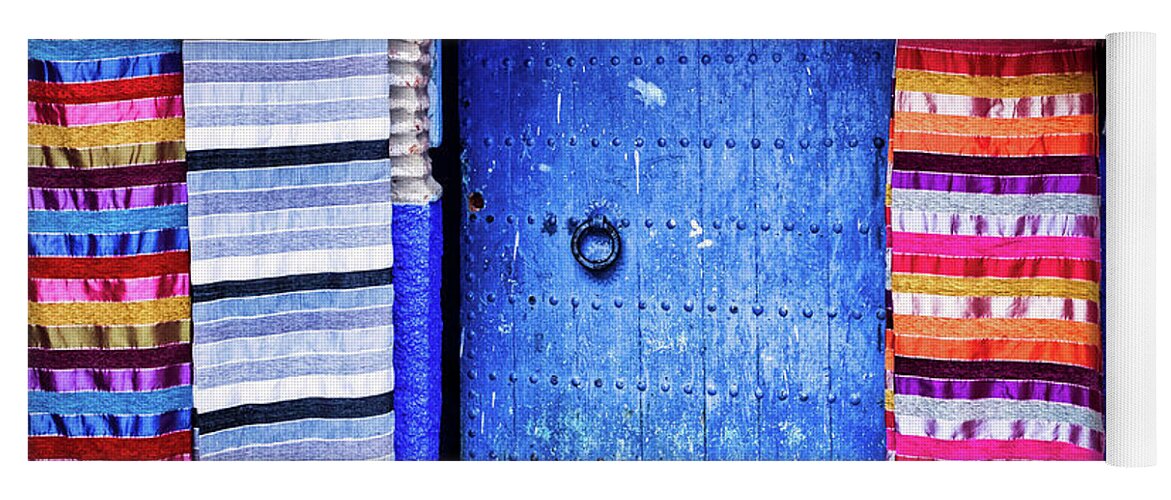 Morocco Yoga Mat featuring the photograph Blue Door and Tapestries - Morocco by Stuart Litoff