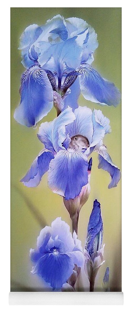 Russian Artists New Wave Yoga Mat featuring the painting Blue Irises with Sleeping Baby Mouse by Alina Oseeva