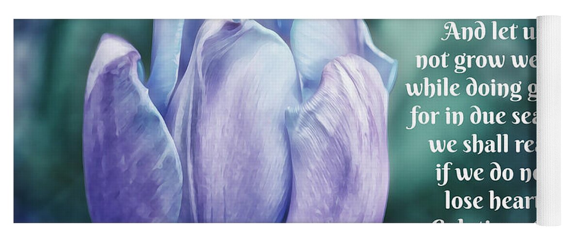 Tulip Yoga Mat featuring the digital art Blue Tulip with Scripture by Gaby Ethington