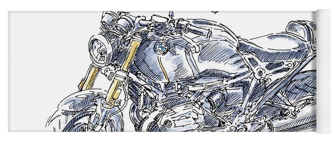 Motorbike Yoga Mat featuring the drawing BMW R NINE T Motorcycle Ink Drawing and Watercolor by Frank Ramspott