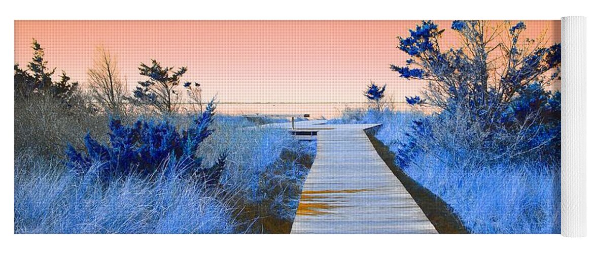 Boardwalk Yoga Mat featuring the mixed media Boardwalk to the Bay by Stacie Siemsen