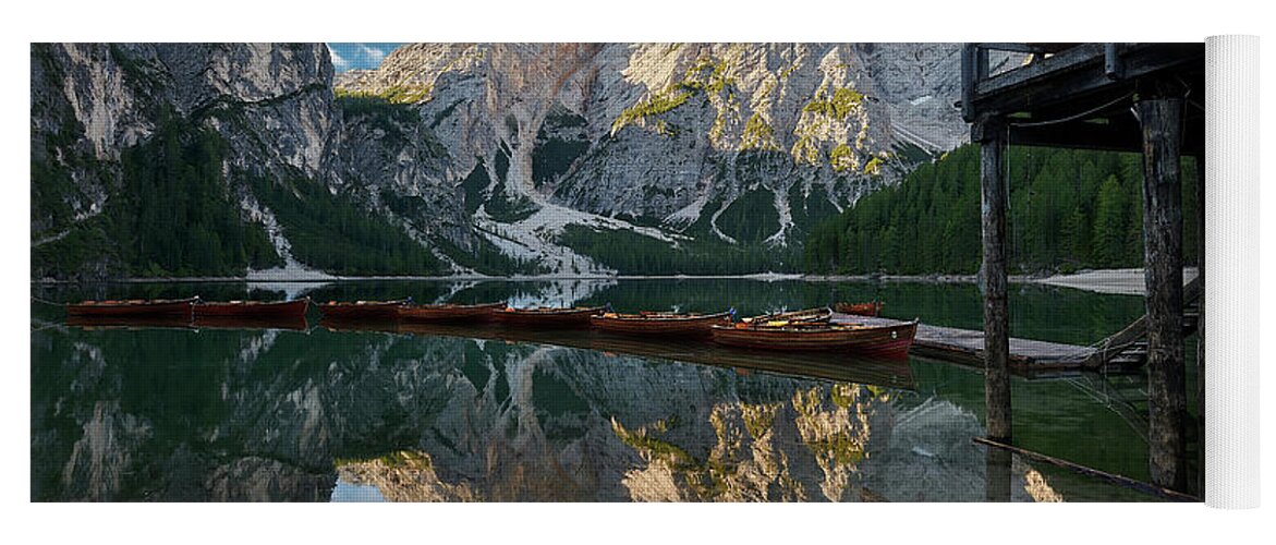 Lago De Braies Yoga Mat featuring the photograph Boathouse at Lago Di Braies by Jon Glaser