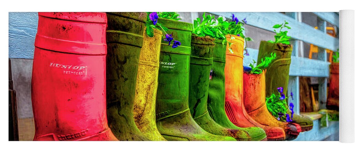 Garden Yoga Mat featuring the photograph Boots Galore by Debra and Dave Vanderlaan