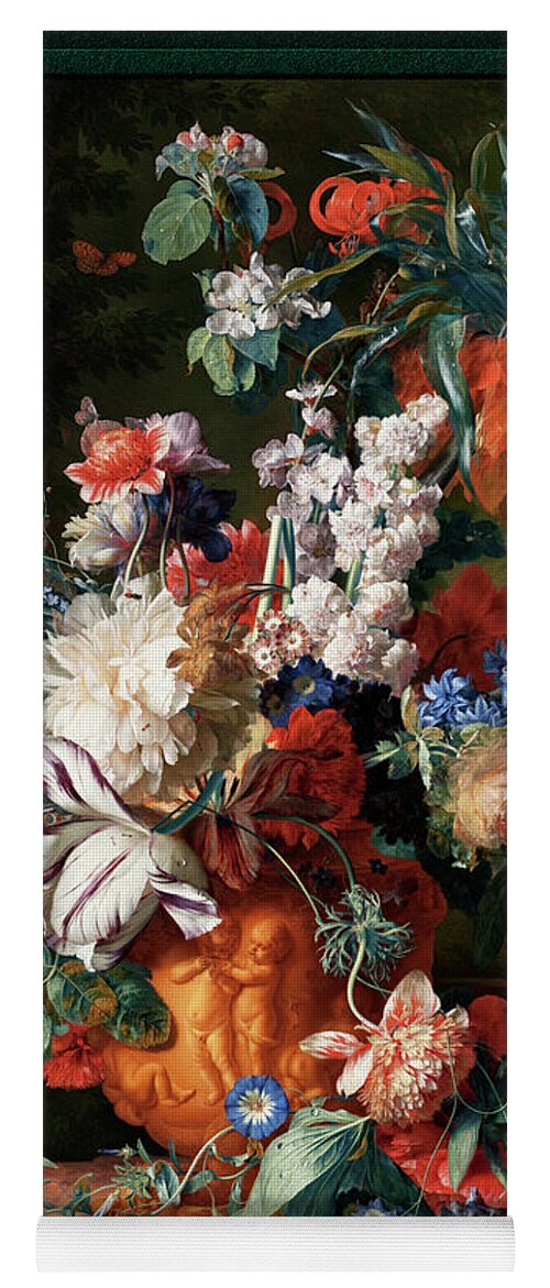 Bouquet Of Flowers In An Urn Yoga Mat featuring the painting Bouquet Of Flowers In An Urn by Jan van Huysum by Rolando Burbon