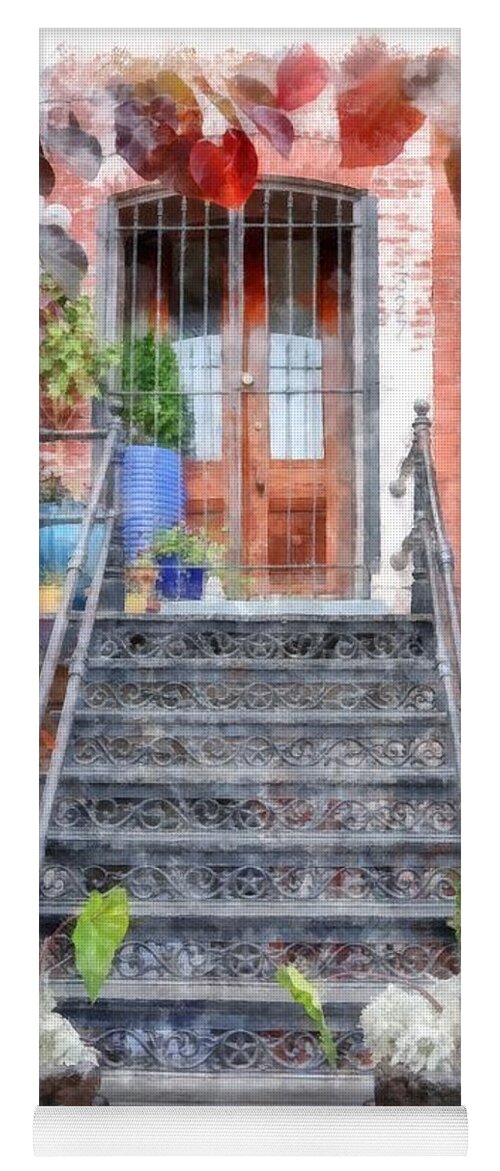 Stairs Yoga Mat featuring the digital art Brick Townhouse Walkup Watercolor by Edward Fielding
