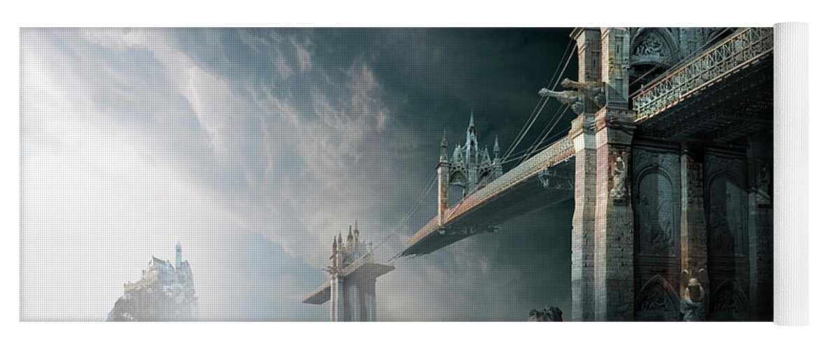 Sky Clouds Rainbow Bridge Haven Gothic Architecture Broken Island Moon Yoga Mat featuring the digital art Bridges to the Neverland by George Grie