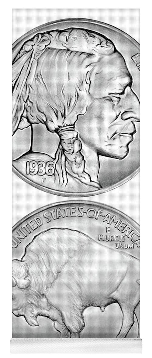 Coin Yoga Mat featuring the drawing Buffalo Indian Nickel 1936 by Greg Joens