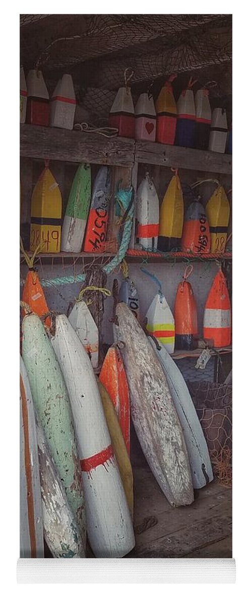 Buoys Yoga Mat featuring the photograph Buoys in a sea shack by Mary Capriole