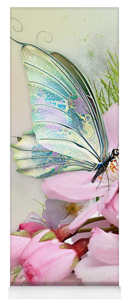 Cherry Blossom Yoga Mat featuring the mixed media Butterfly on Cherry Blossom by Morag Bates