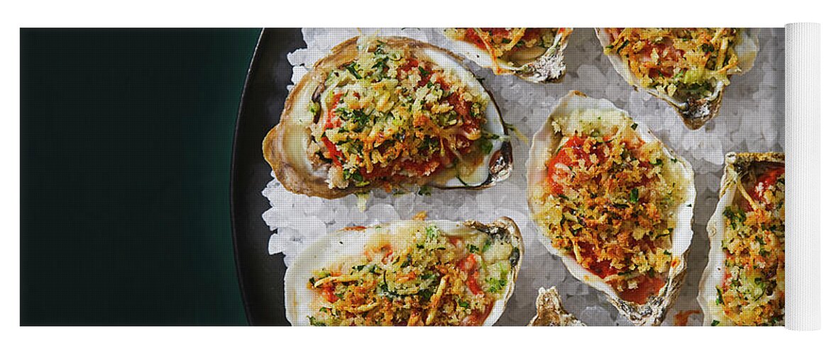 Cuisine At Home Yoga Mat featuring the photograph Cajun oysters on the half shell by Cuisine at Home