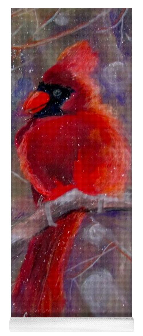 Bird Yoga Mat featuring the pastel Cardinal in the snow by Barbara O'Toole