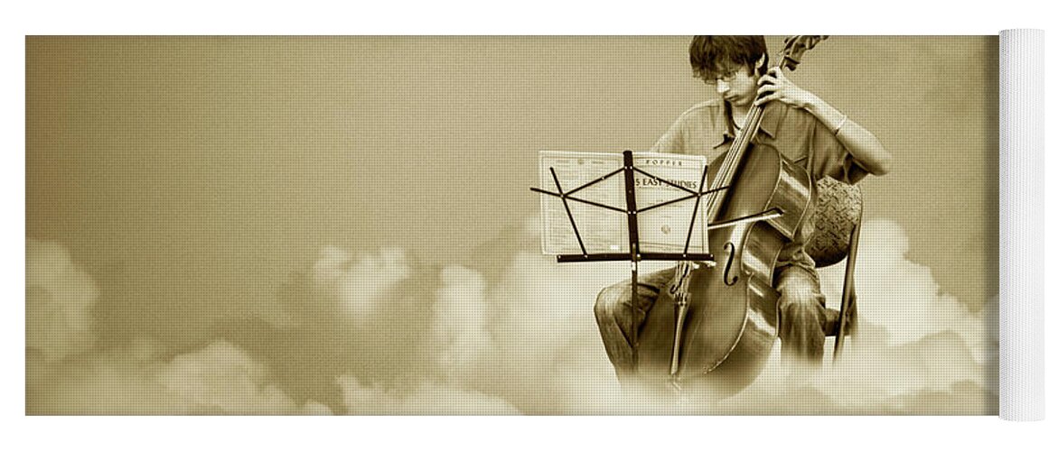 Music Yoga Mat featuring the photograph Cello Player Playing on Cloud Nine in Sepia Tone by Randall Nyhof