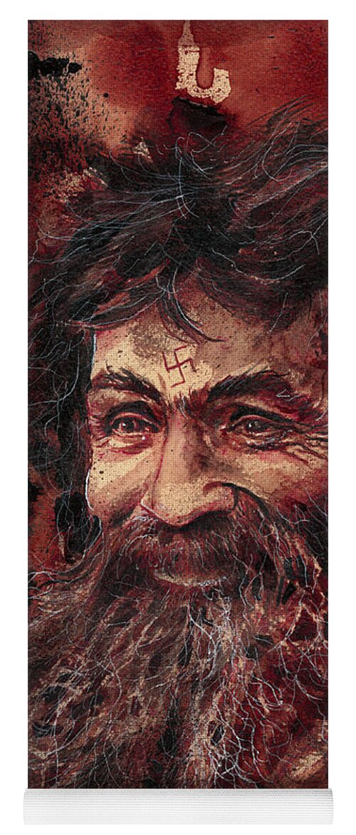 Ryan Almighty Yoga Mat featuring the painting CHARLES MANSON portrait dry blood by Ryan Almighty
