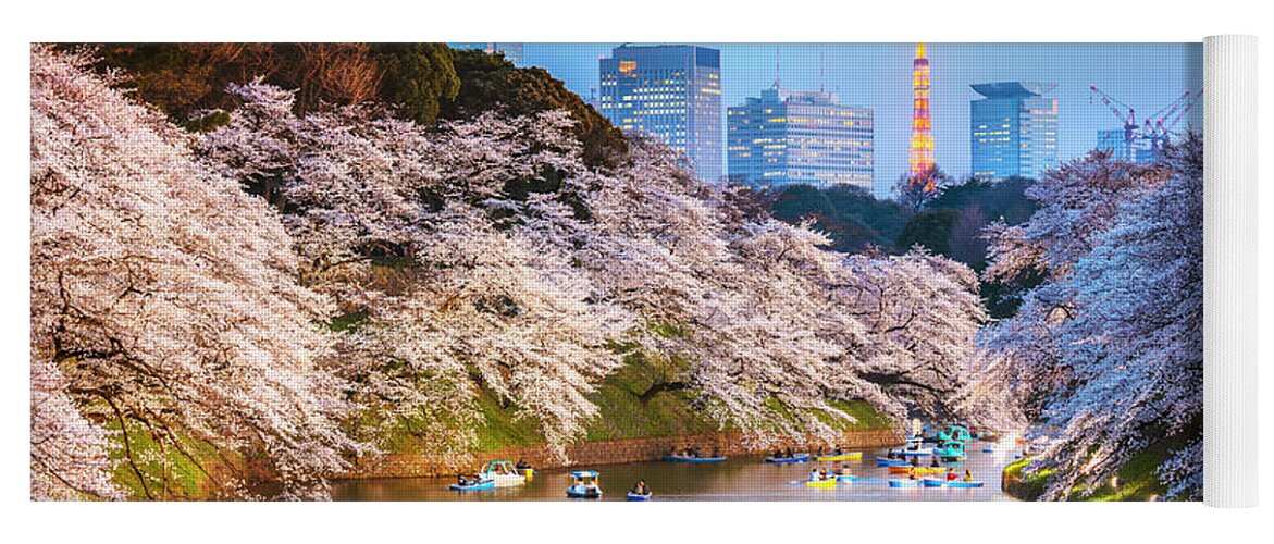 Tokyo Yoga Mat featuring the photograph Cherry blossoms in Tokyo at sunset by Matteo Colombo
