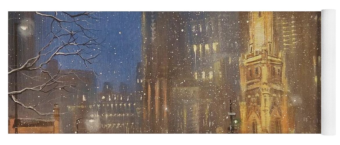 Snow Scene Yoga Mat featuring the painting Chicago Water Tower by Tom Shropshire