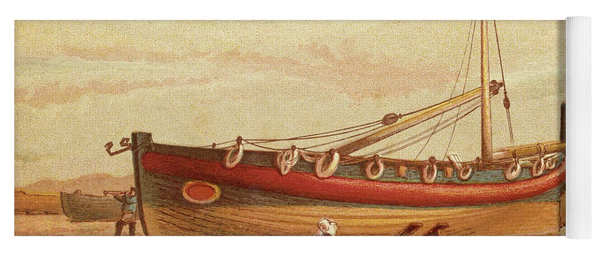 Children's Yoga Mat featuring the painting Children sit below a large drydocked boat on the beach by Kronheim & Dalziels
