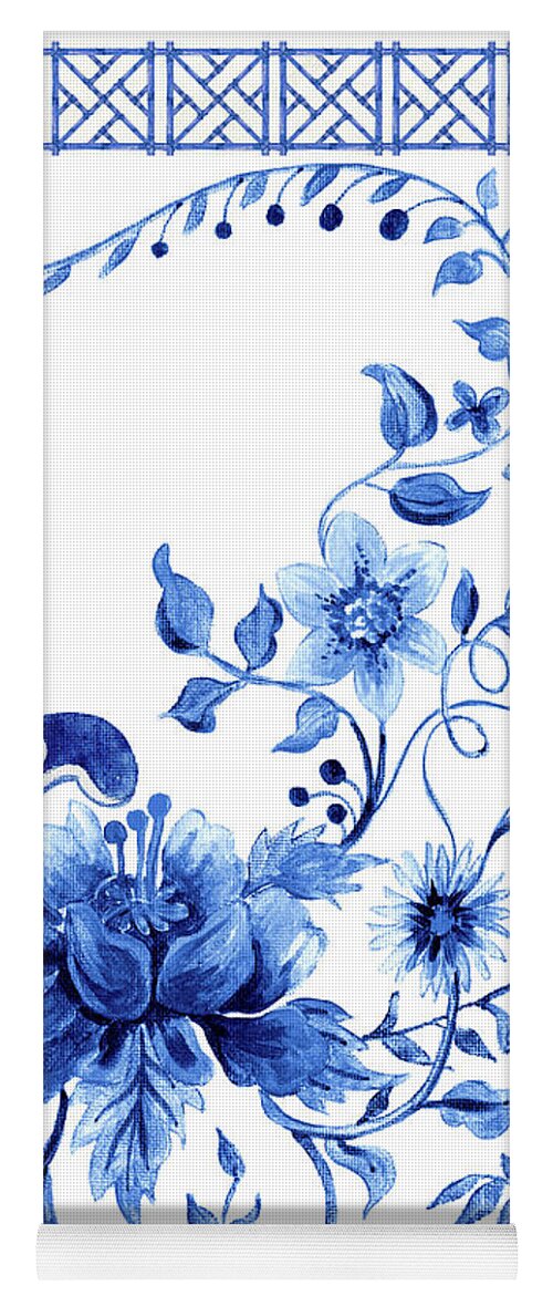 Chinese Yoga Mat featuring the painting Chinoiserie Blue and White Pagoda with Stylized Flowers and Chinese Chippendale Border by Audrey Jeanne Roberts