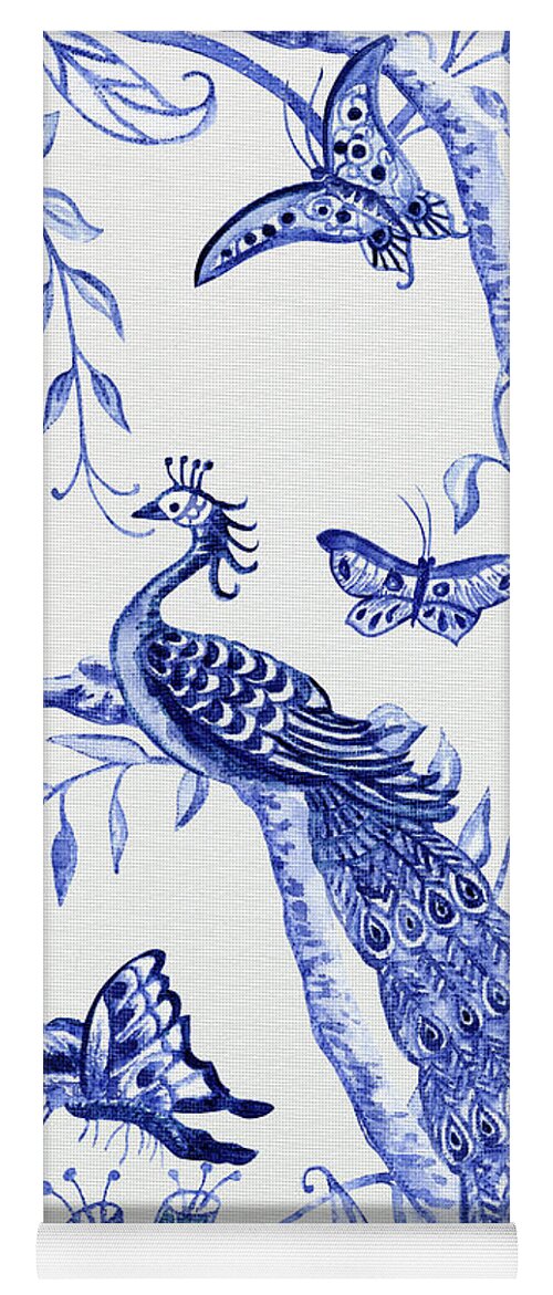 Chinoiserie Yoga Mat featuring the painting Chinoiserie Blue and White Peacocks and Butterflies by Audrey Jeanne Roberts