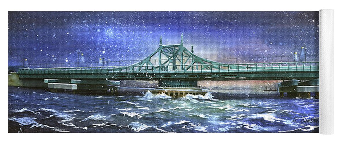 City Island Yoga Mat featuring the painting City Island Bridge Winter by Marguerite Chadwick-Juner